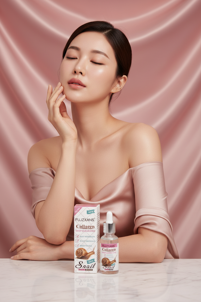 Sérum Caracol & Colágeno KŌI SKIN — mujer coreana con packaging real